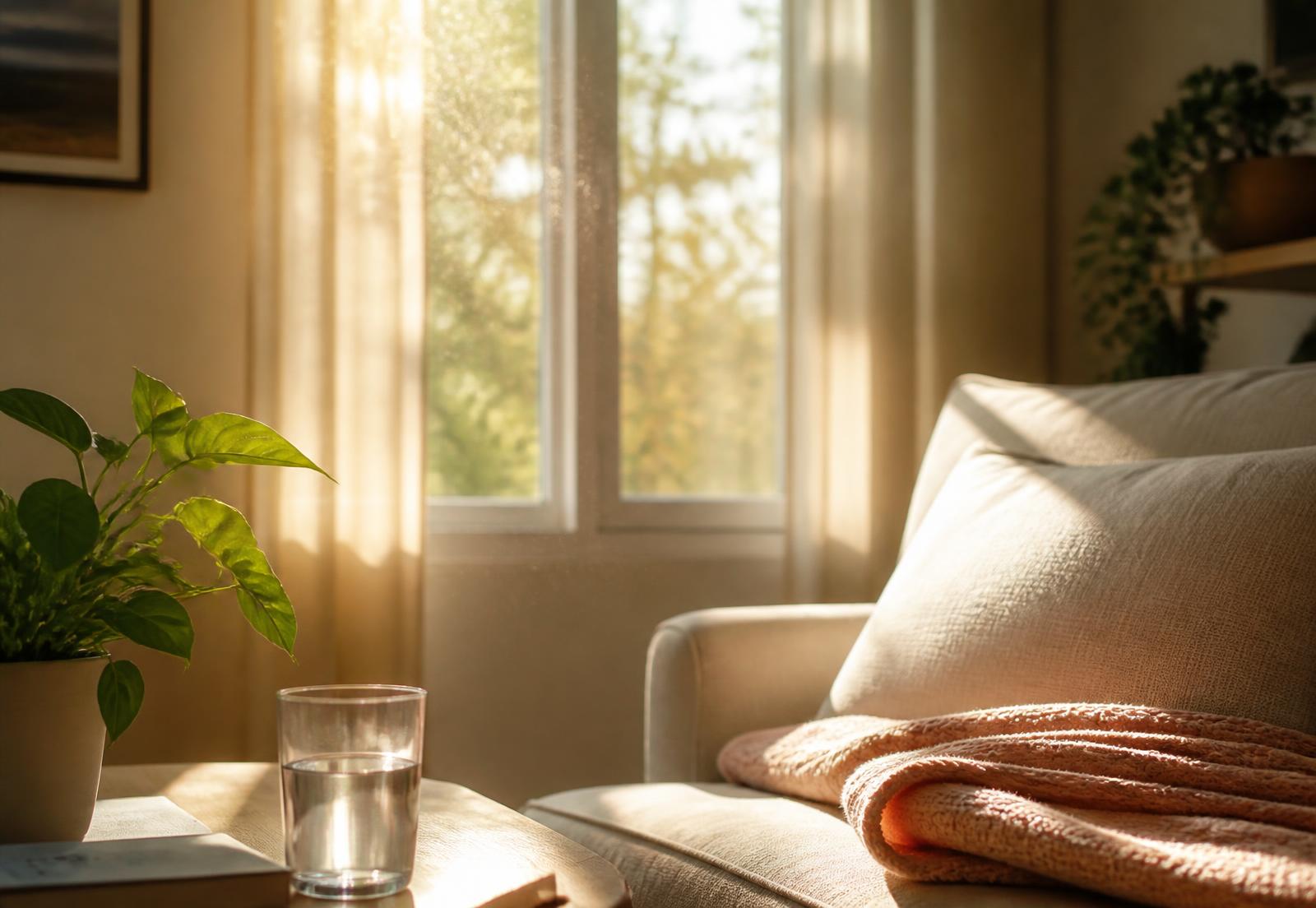 Morgonljus som faller in genom ett fönster i ett lugnt vardagsrum